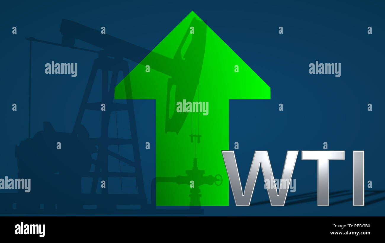 Il prezzo del greggio WTI olio va. Una freccia verde che mostra verso l'alto con un pozzo di petrolio pumpjack dietro la parola WTI, su uno sfondo blu, simboleggia... Foto Stock