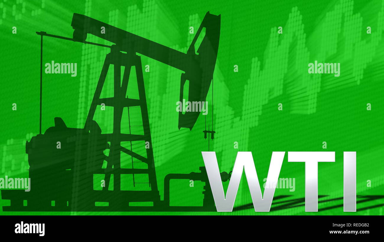 Il prezzo del greggio WTI olio va. Dietro la parola WTI è una silhouette nera di un pozzo petrolifero pumpjack con una verde grafico ascendente nella... Foto Stock