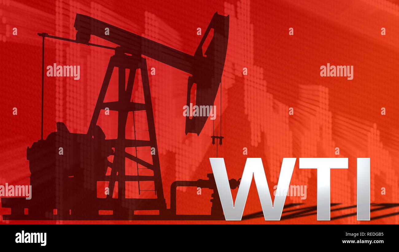 Il prezzo del WTI petrolio greggio è in calo. Dietro la parola WTI è una silhouette nera di un pozzo petrolifero pumpjack con un rosso grafico decrescente in background... Foto Stock