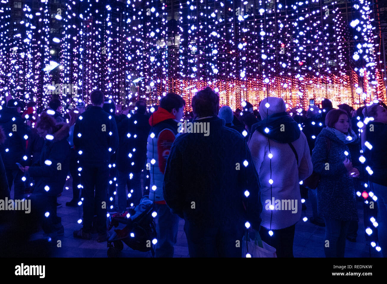 Londra, Inghilterra - Gennaio 2019 : immersione da Squidsoup, luci d'Inverno Festival 2019. L'arte interattiva per le installazioni presso Canary Wharf Foto Stock