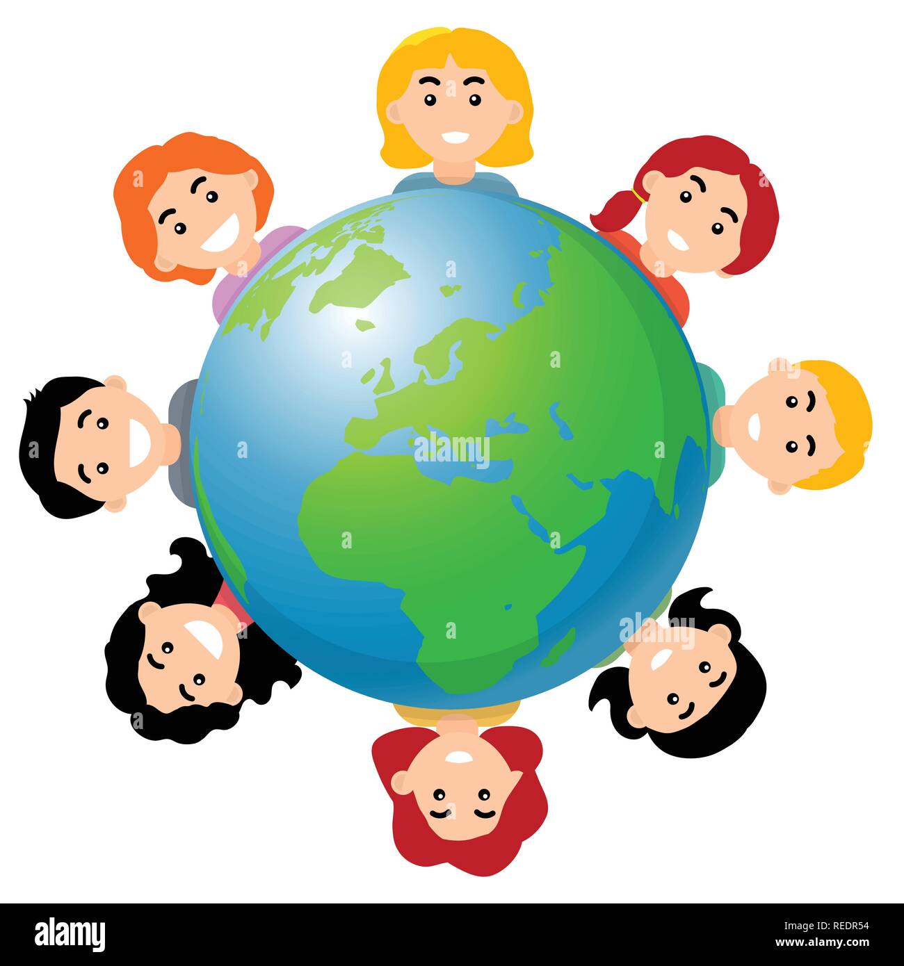 I bambini di tutto il mondo, il sorriso di bambini e del globo, cartoon stile piatto - illustrazione vettoriale Illustrazione Vettoriale