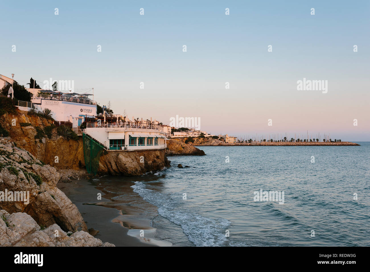 Vista di El vivaio ristorante, Sitges, Barcelona. Spagna Foto Stock