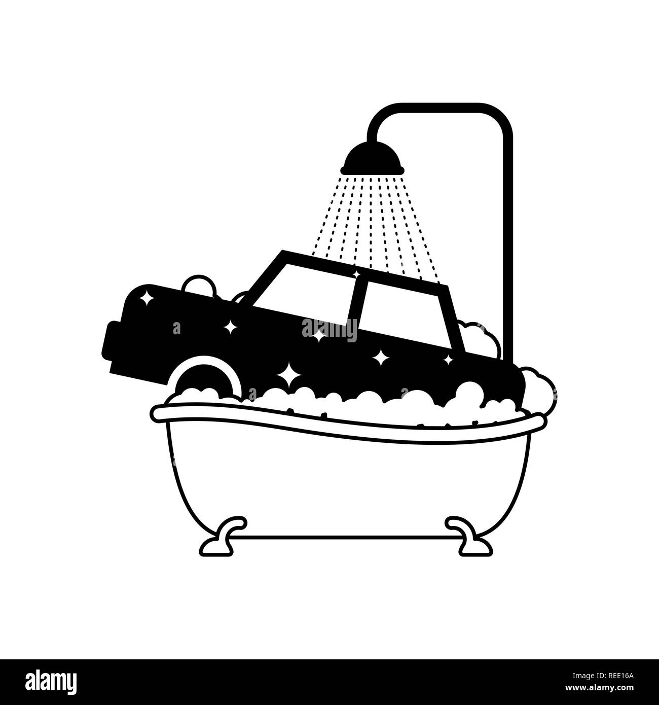 Autolavaggi auto in bagno. Auto lavaggio in vasca da bagno Illustrazione Vettoriale