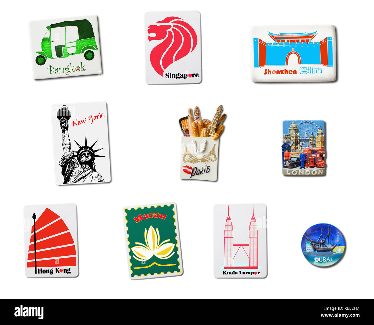 Set di souvenir magneti da frigorifero (il mondo 10 Most-Visited Città 2018) isolato su sfondo bianco Foto Stock