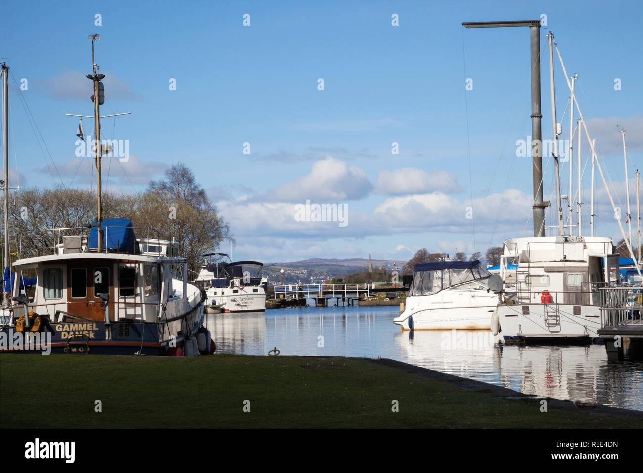 Canale di Forth e Clyde bacino all'estremità ovest del canale di Bowling, Scozia Foto Stock