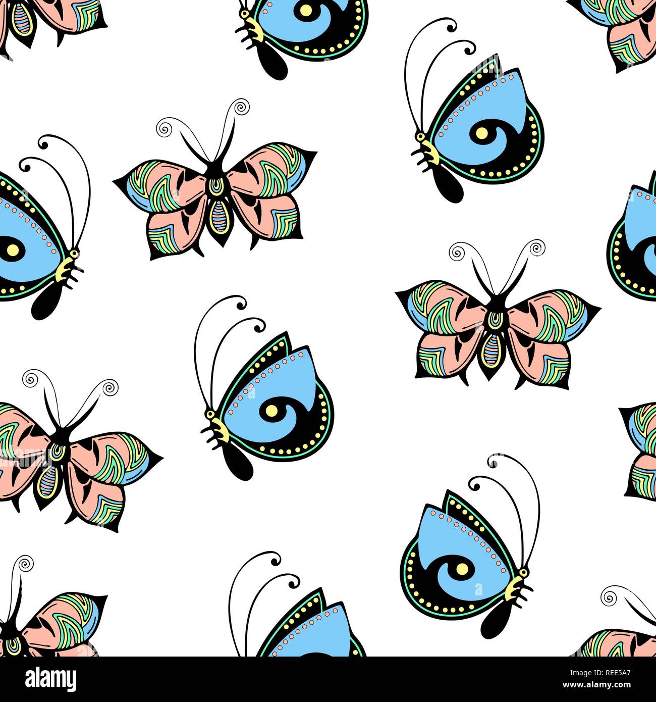Farfalle astratto seamless pattern, del disegno a mano, la stampa tessile, illustrazione vettoriale. Modellato pastello colorato insetto con ali su bianco backgrou Illustrazione Vettoriale