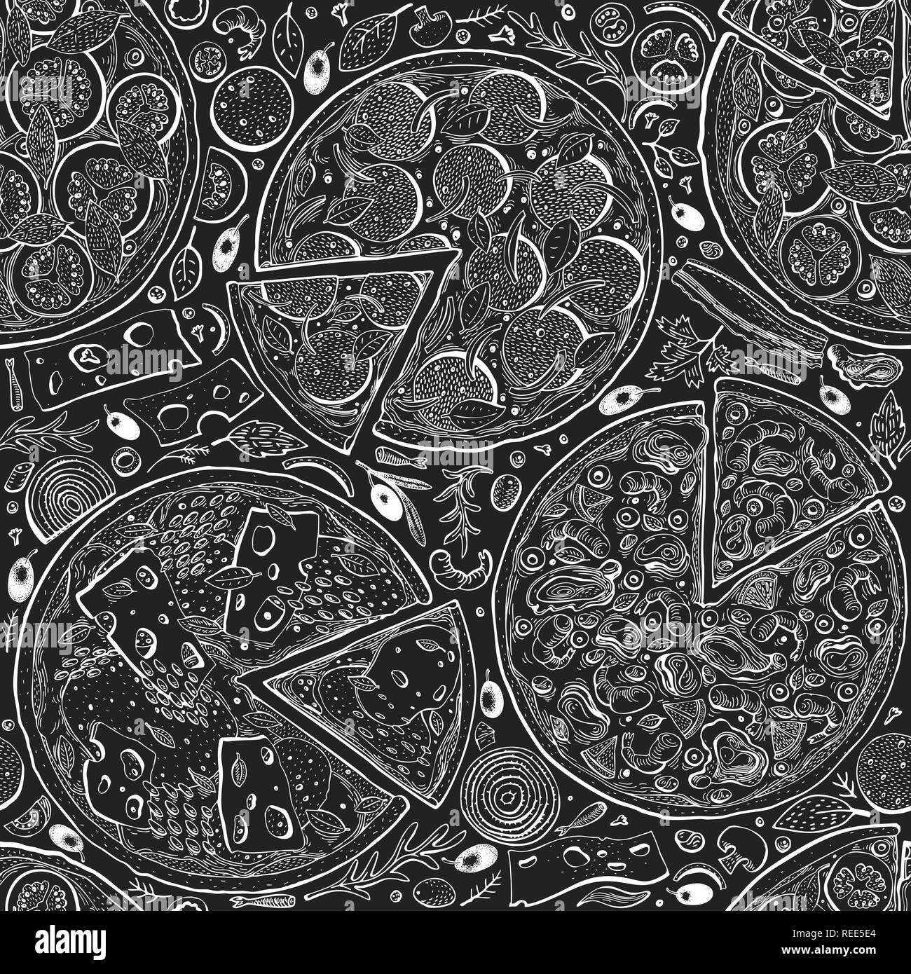 Vettore pizza italiana seamless pattern. Disegnato a mano illustrazioni vintage su chalk board. Italian food design sfondo. È possibile utilizzare per visualizzare il menu, imballaggio, pubblicitarie per caffe, ristorante e pizzeria Illustrazione Vettoriale