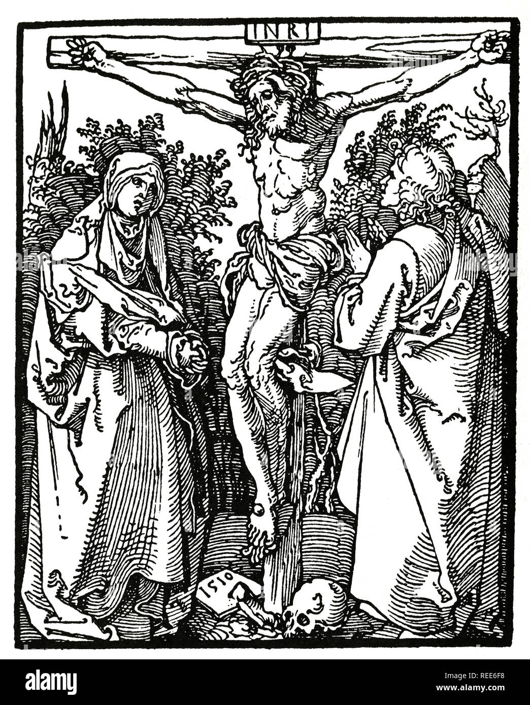 Cristo sulla Croce con Maria e st. Giovanni. Xilografia Albrecht Durer, 1526. Foto Stock