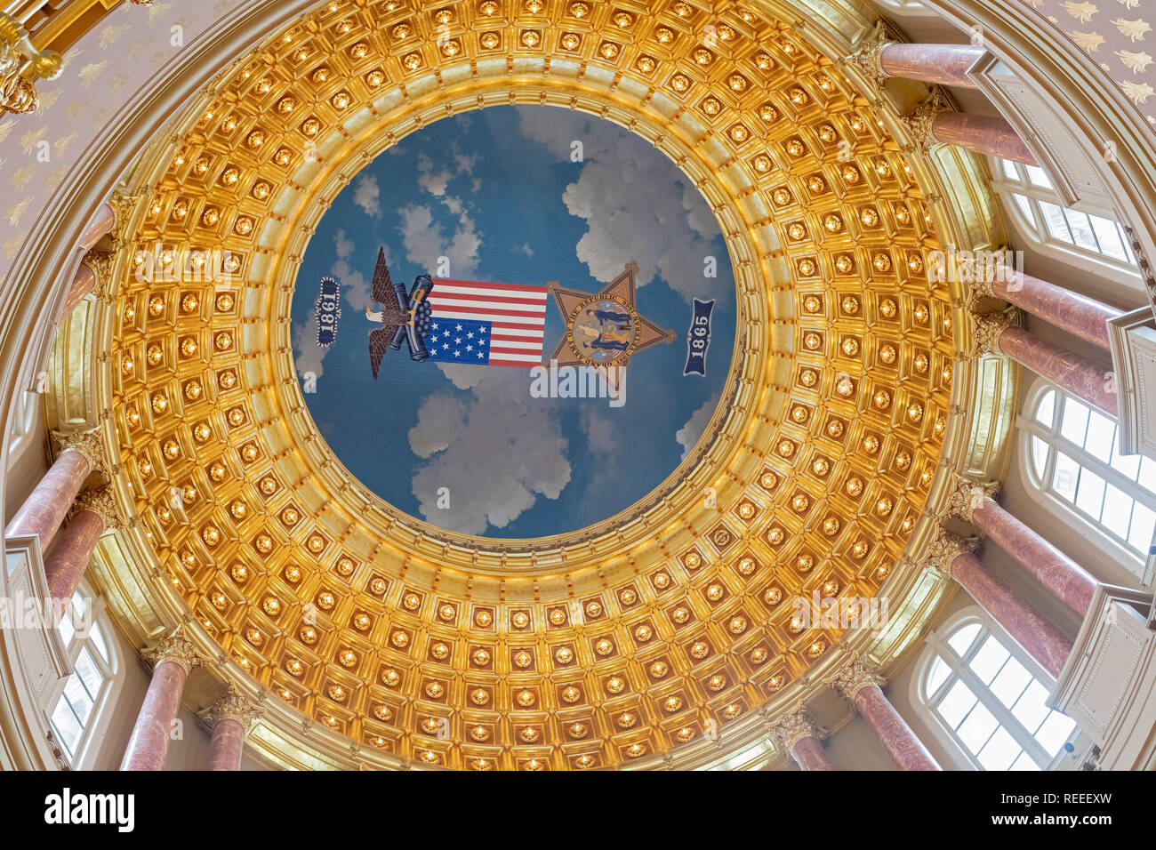 Des Moines, Iowa - La cupola della Iowa State Capitol Building. Foto Stock