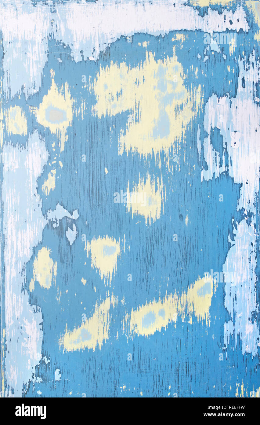 Sabbiato vernice astratta grunge sfondo in giallo, blu, rosa e nero antichi su legno Foto Stock