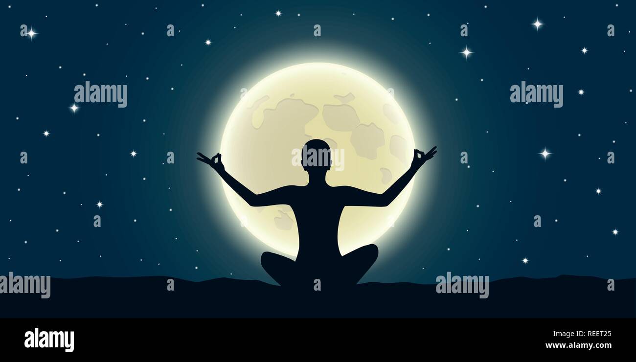 Meditazione pacifica alla luna piena e cielo stellato illustrazione vettoriale EPS10 Illustrazione Vettoriale