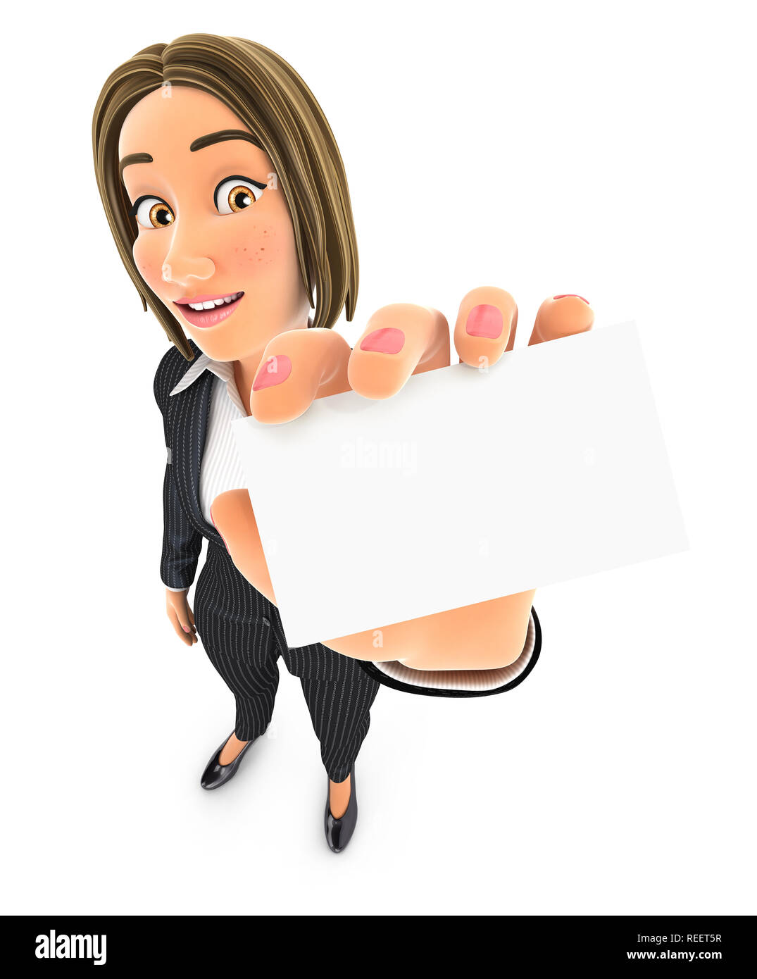 3d business woman holding company card, illustrazione isolato con sfondo bianco Foto Stock