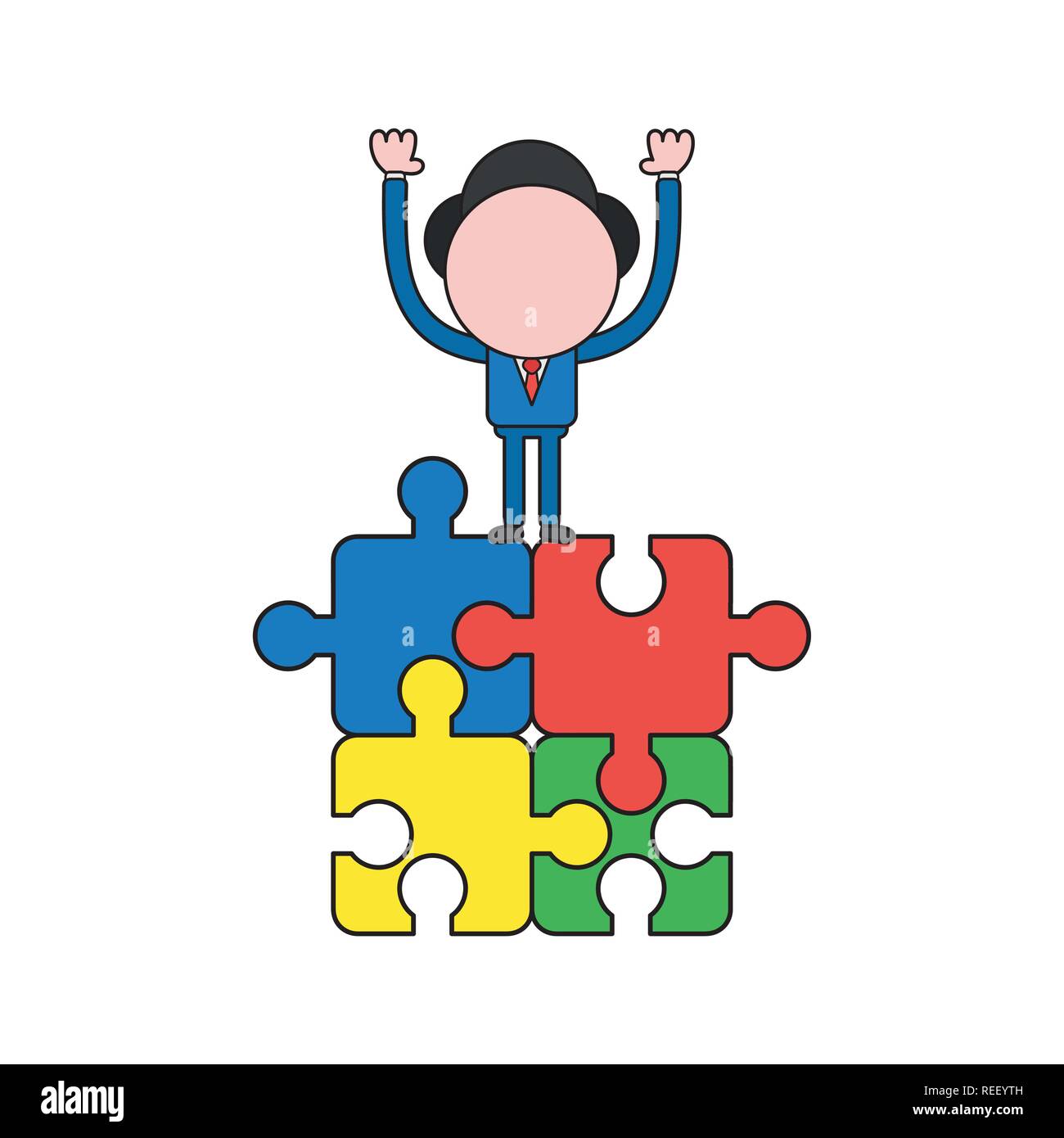 Illustrazione Vettoriale imprenditore carattere permanente sulla collegati quattro puzzle pezzi. Colore e contorni neri. Illustrazione Vettoriale