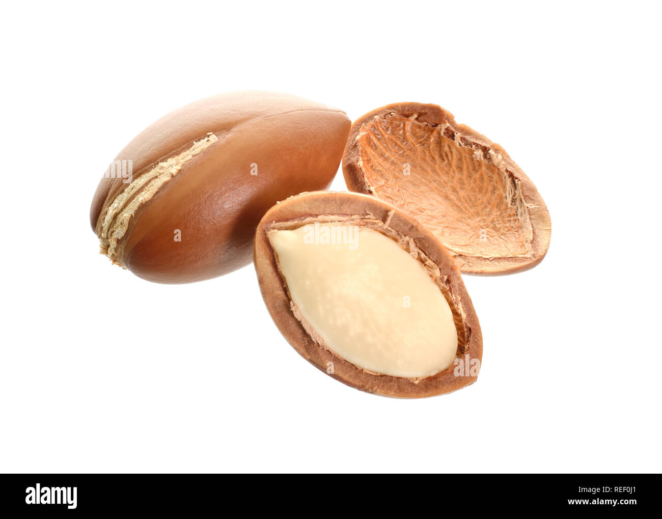 Argan Olio di semi. Isolato su sfondo bianco. Reparto completa del campo. Foto Stock