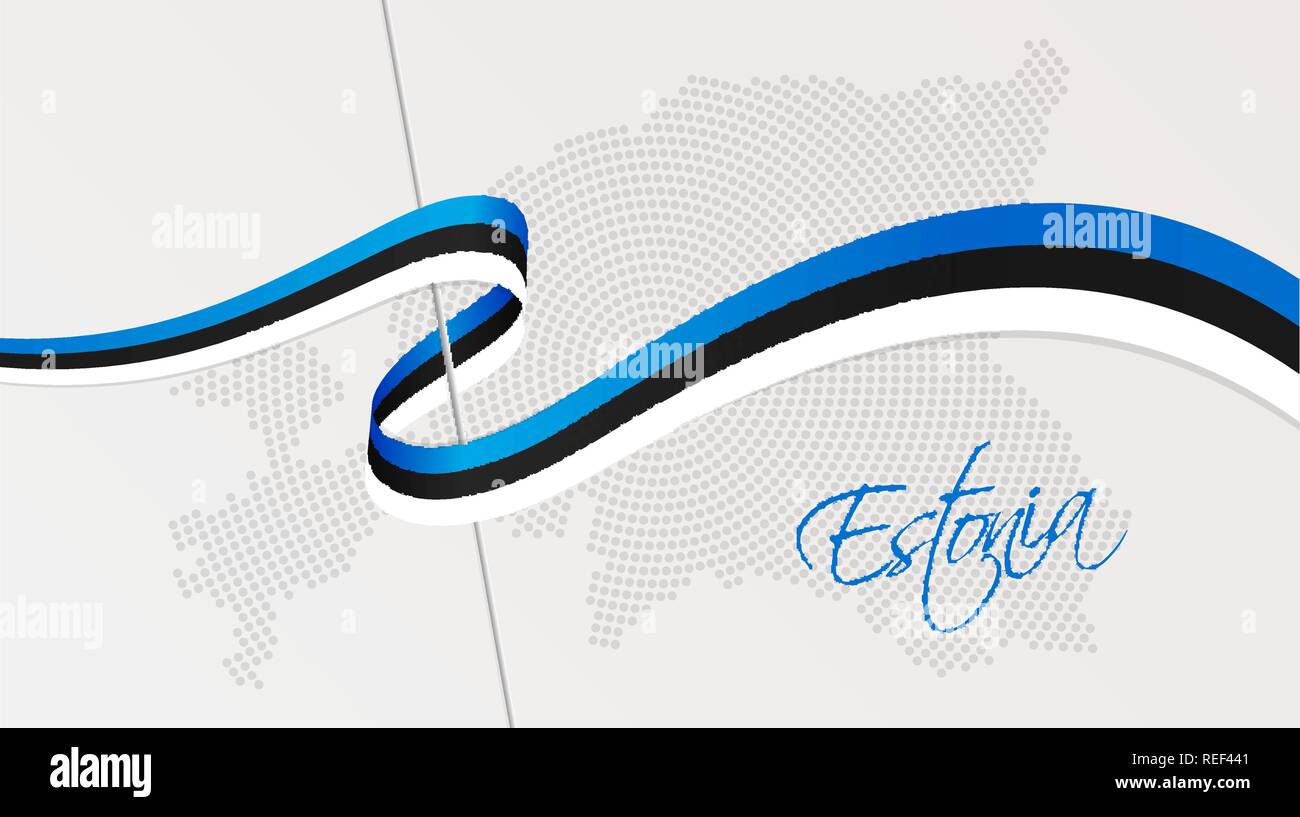 Illustrazione Vettoriale di astratta radiale halftone punteggiata mappa di Estonia e nastro ondulato con estone bandiera nazionale di colori per il tuo design Illustrazione Vettoriale