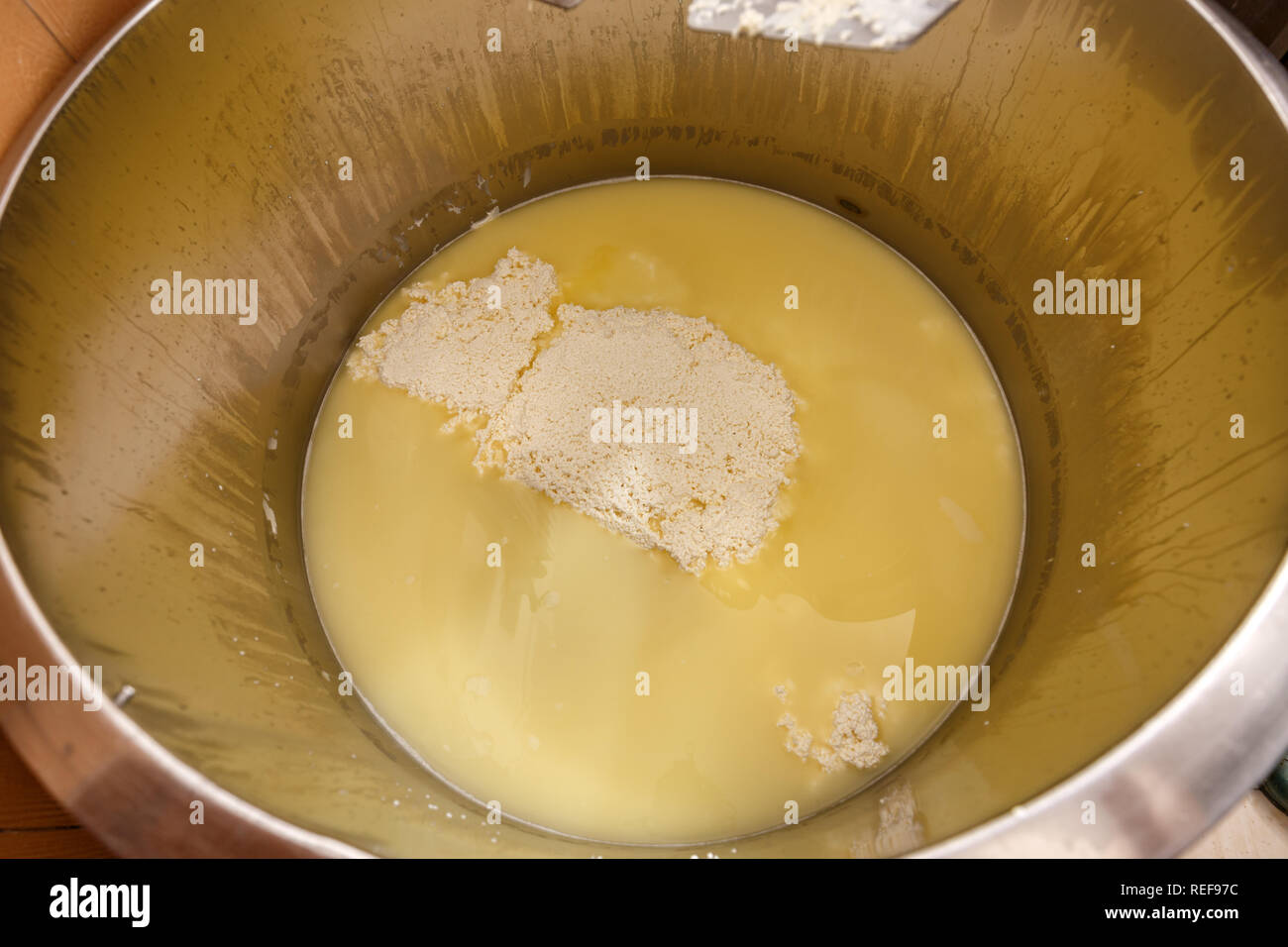 Fresco formaggio fermentato viene spostato su durante il processo di produzione Foto Stock