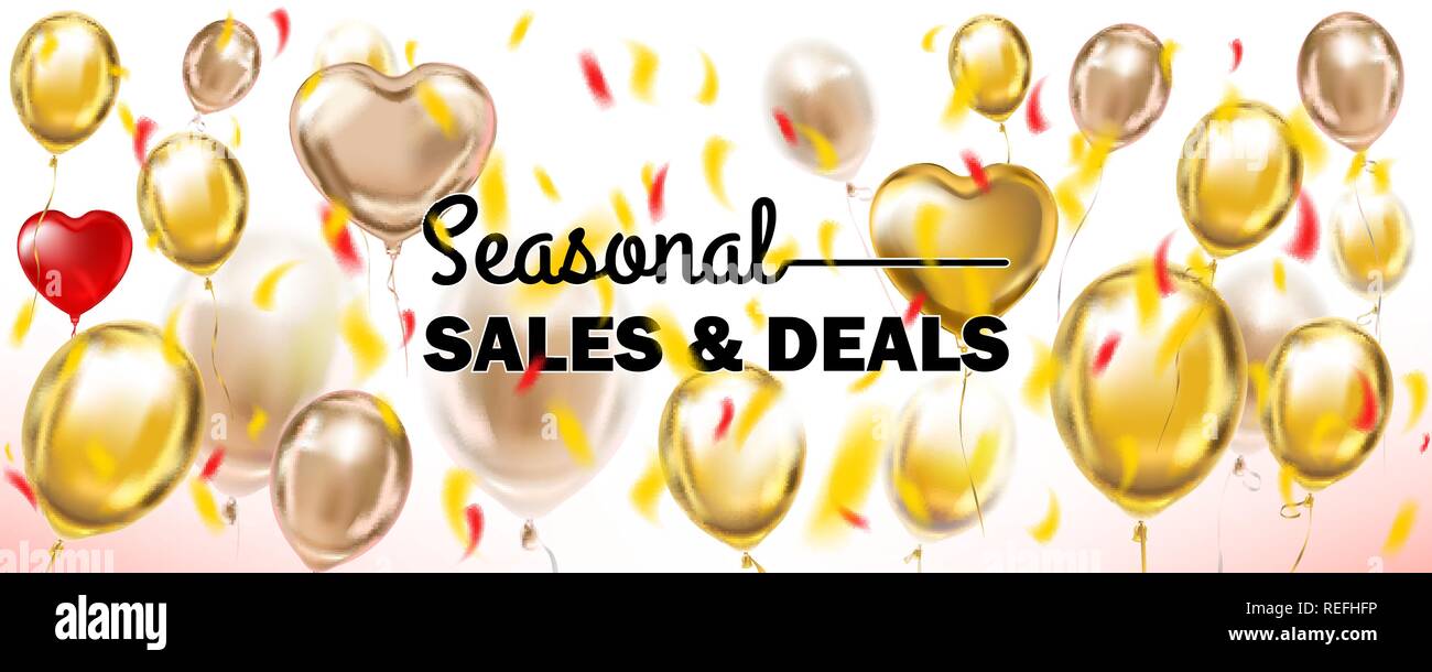 Vendite stagionali e offerte bianco e oro banner con palloncini metallico e nero letering Illustrazione Vettoriale