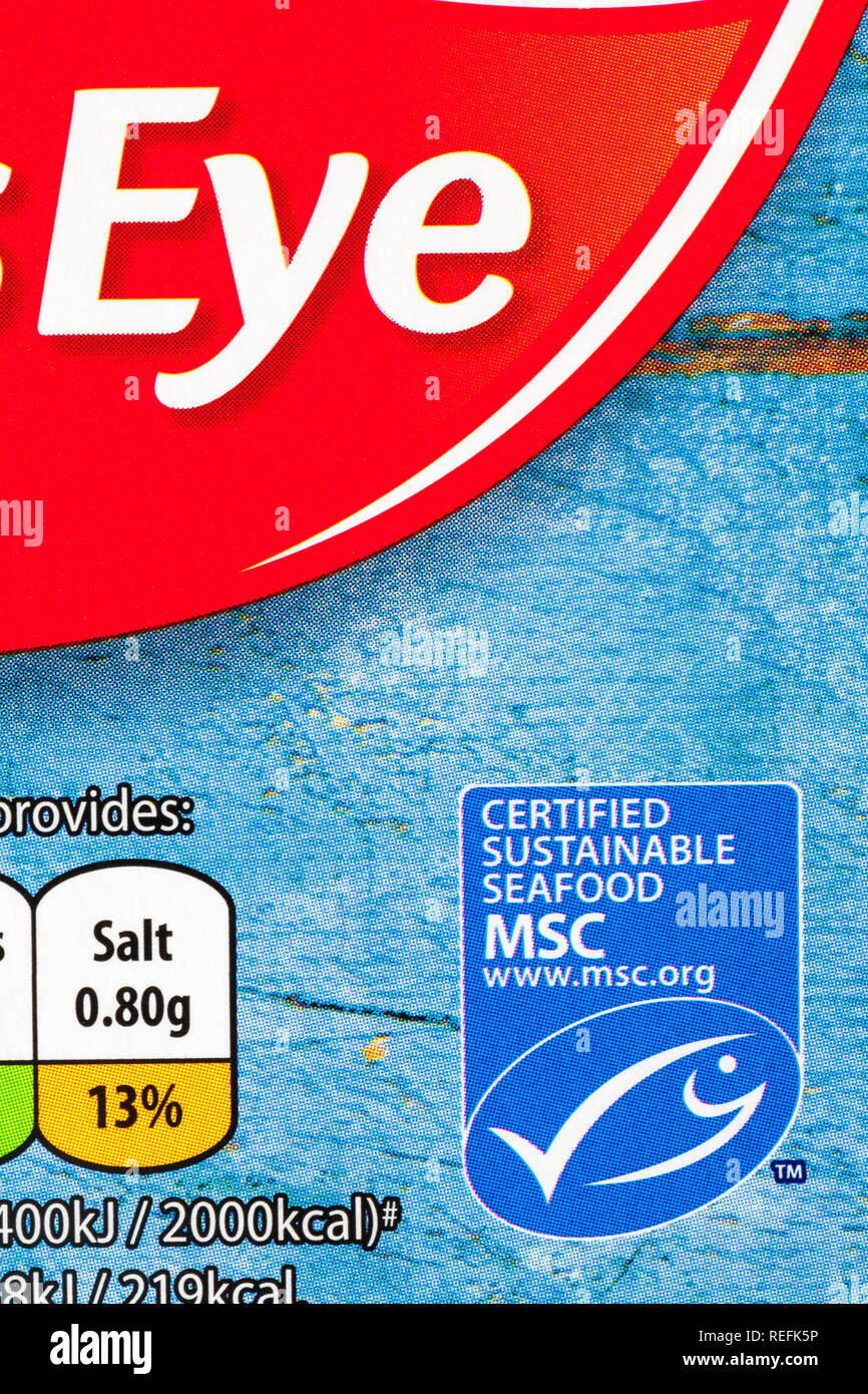 Certificati di pesce sostenibile logo MSC - informazioni sul pacchetto di Birds Eye i bastoncini di pesce - Marine Stewardship Council Foto Stock