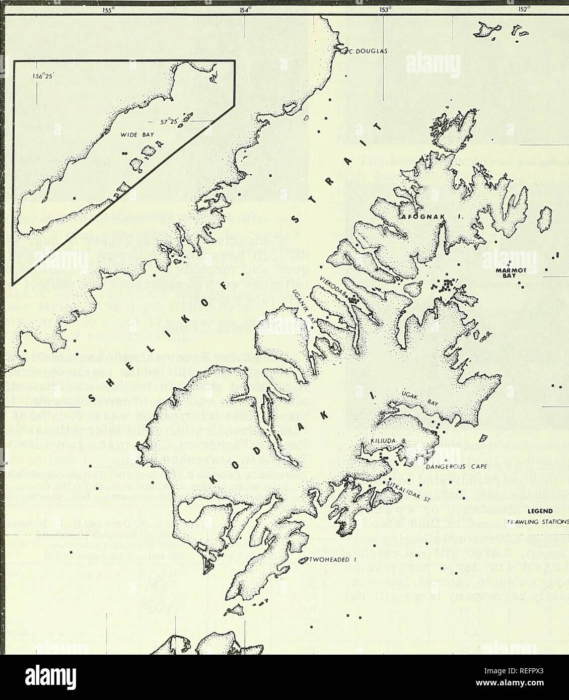 . Pesca commerciale di revisione. La pesca e il commercio di pesce. 50 'Manning' esplora i gamberi in isola di Kodiak Area del BCF John R. Manning tornò a Juneau, Alaska, il 2 ottobre 1968, dopo un 13-settimana combinazione pesca sperimentale e ingranaggio ri- cerca sondaggio per gamberetti in il Kodiak è- land area crociera (68-2). L'area inclusa alloggiamenti selezionata lungo la parte orientale e quella occidentale rive di Kodiak Island, acque offshore lungo la costa orientale dell isola di Kodiak, Shelikof Strait e baie lungo la penisola di Alaska tra Cape Douglas e ampia baia. Cruise obiettivi erano (1) prova di pesce un BCF-sviluppato 2-bag Foto Stock