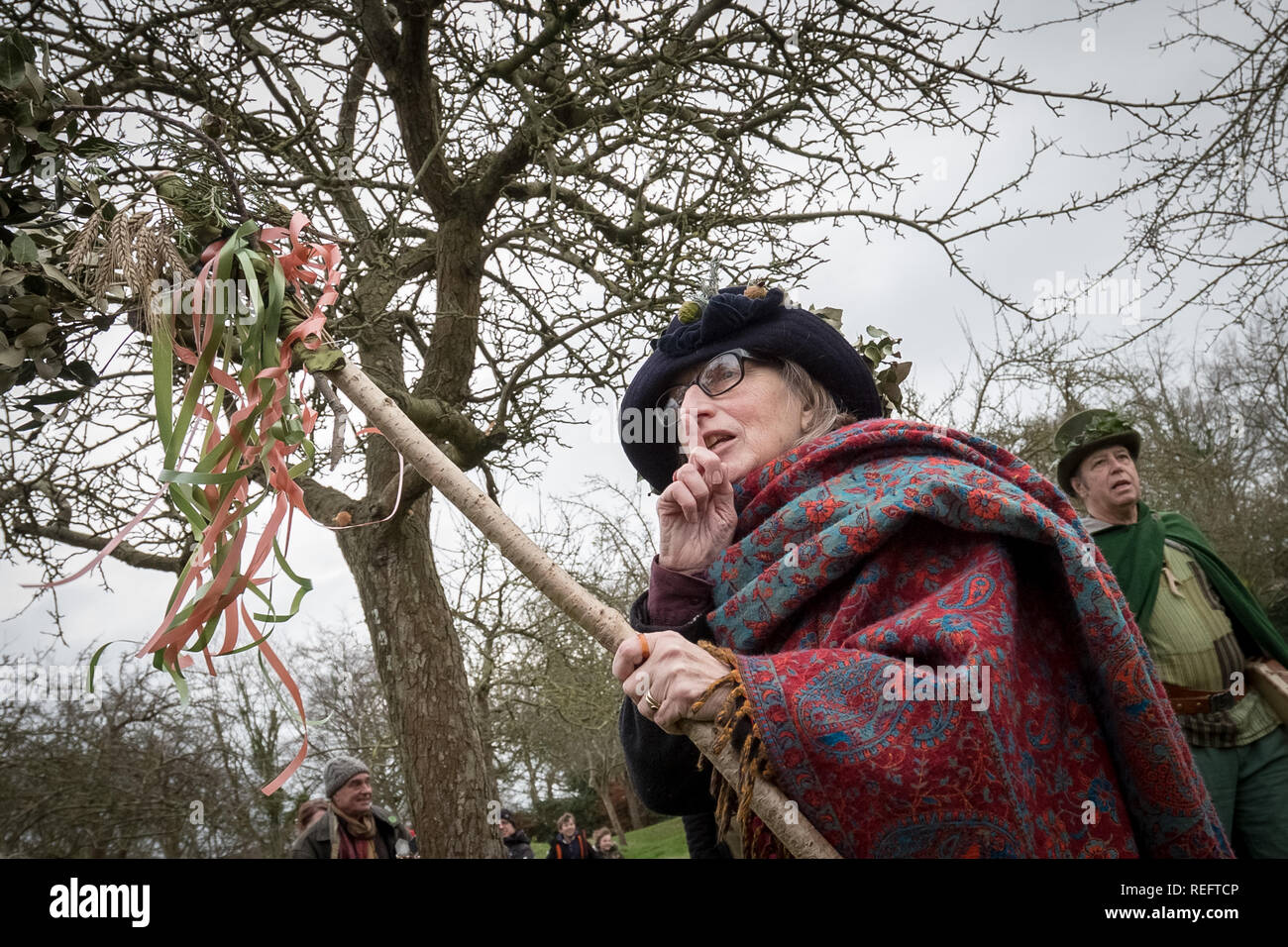 Glastonbury, Regno Unito. 12 gen 2019. Wassailing in Glastonbury Abbey orchard dall'ordine dei cantori, Ovates & Druids. Credito: Guy Corbishley/Alamy Live News Foto Stock