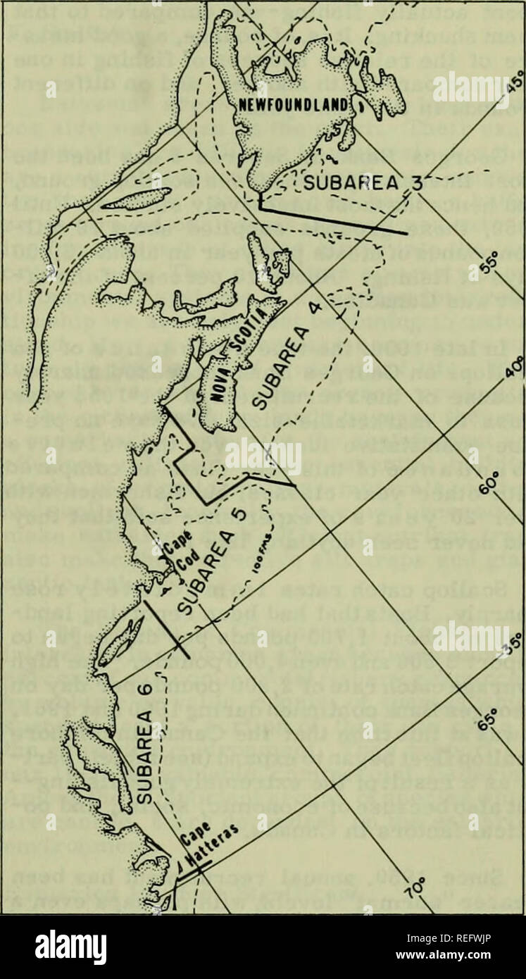 . Pesca commerciale di revisione. La pesca e il commercio di pesce. 1963 1964 Anno Fig, 1 - Annuale degli sbarchi di capesante di mare carni 1960-67. L'ONU- parti in ombra delle barre indicano Stati Uniti gli sbarchi e le parti in ombra gli sbarchi canadese. La porzione del canadese gli sbarchi al di sotto della linea orizzontale di ciascuna barra mostra il amoiuit che è stato esportato verso gli Stati Uniti in quell'anno. I fondali di pesca capesante di mare giardini si estendono dal golfo di San Lorenzo a sud verso le acque al largo della Virginia Capes (fig. 2). U. S. le navi che non hanno mai pescato i motivi del nord e, fino al 1965, navi canadesi avevano neve Foto Stock