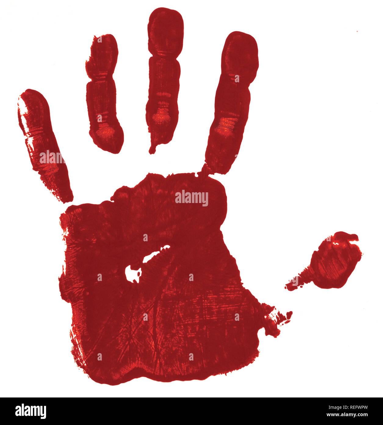 Mano rossa stampa su sfondo bianco suggerendo una sanguinosa mano, un possibile simbolo del senso di colpa. Foto Stock