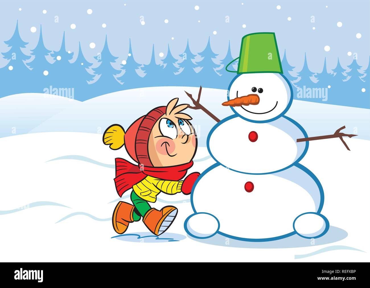 In figura una bambina scolpisce divertente neve pupazzo di neve. Illustrazione Vettoriale eseguita in stile cartoon, su livelli separati. Illustrazione Vettoriale