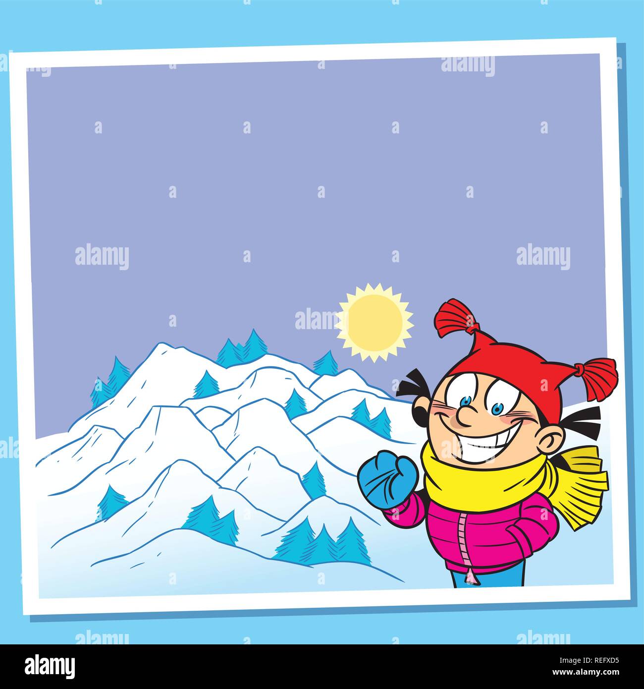Illustrazione presentata sotto forma di cartoline turistiche. Sulla scheda mostra una ragazza con un saluto sullo sfondo di montagne innevate. Illustrazione Vettoriale