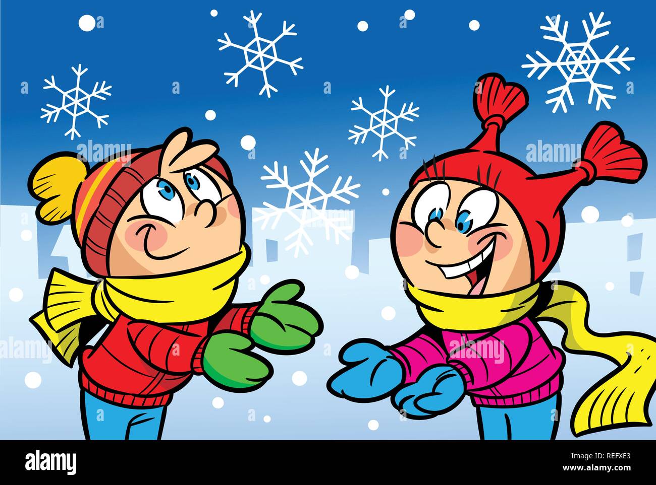 La figura mostra un ragazzo e una ragazza il divertimento in inverno. Bambini i fiocchi di neve di cattura le mani. Illustrazione fatta in stile cartoon. Illustrazione Vettoriale