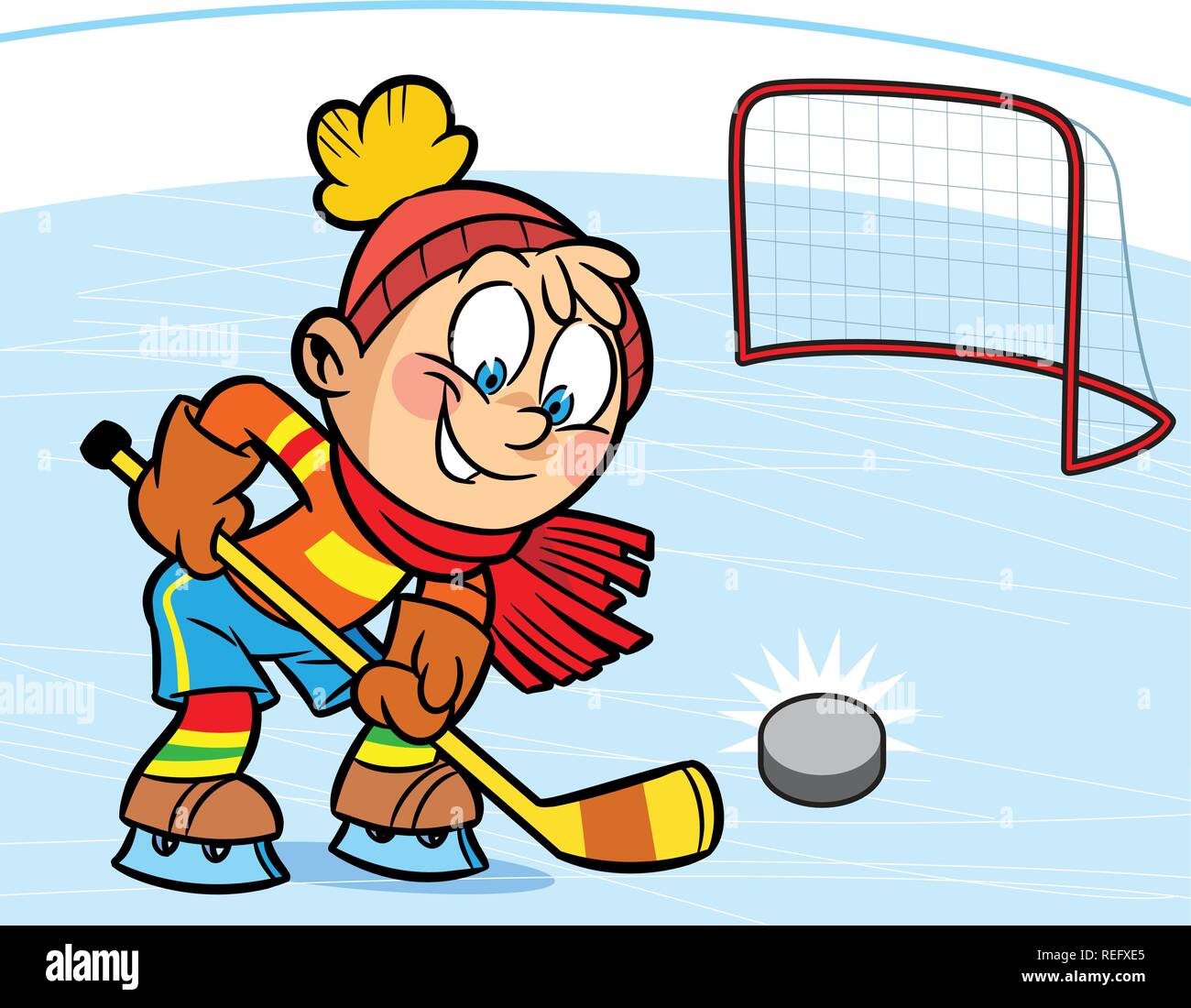 Un ragazzo giocare ad hockey. Ha segnato il puck nell'obiettivo. Illustrazione fatta in stile cartoon. Illustrazione Vettoriale
