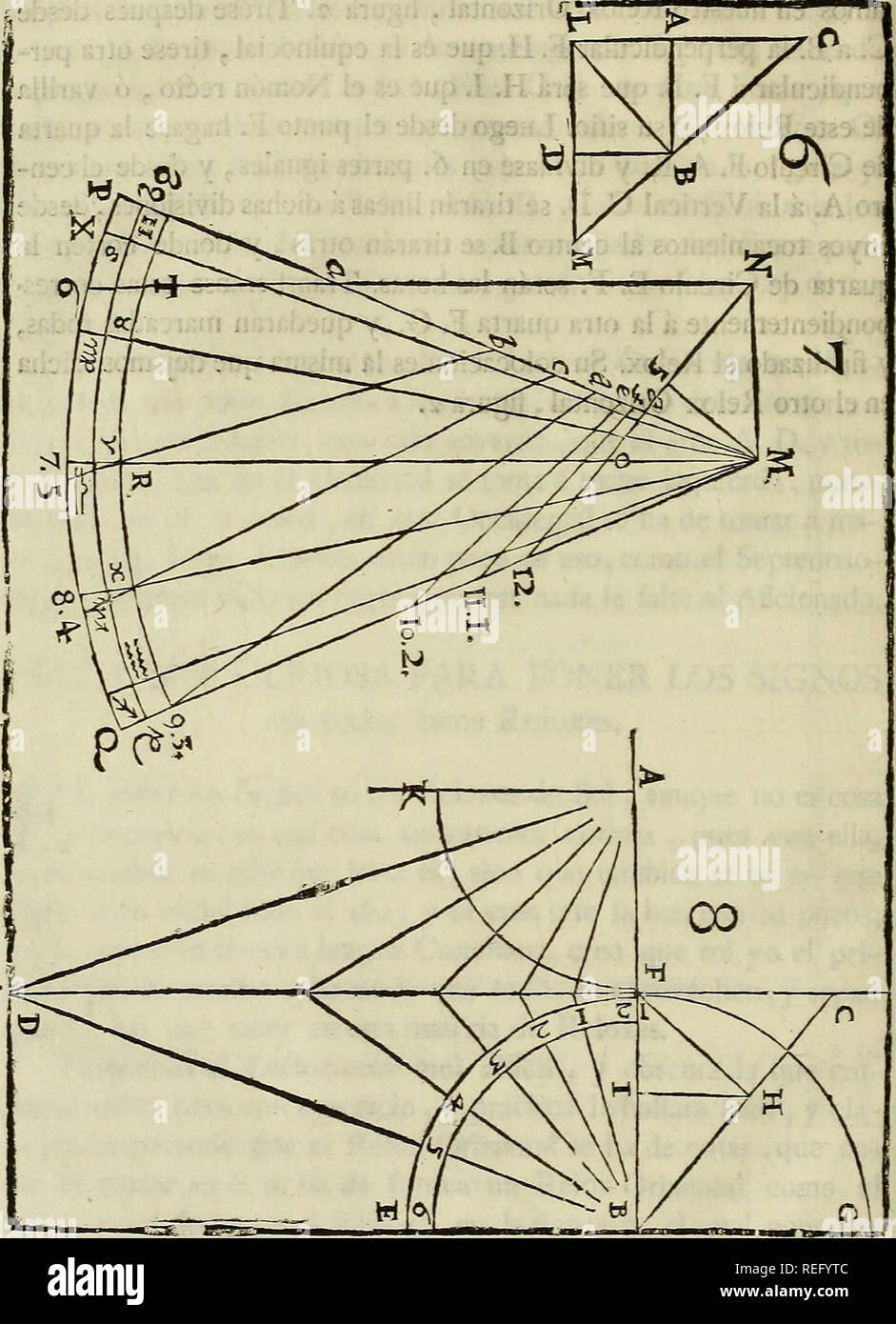 . Varia commensuracion para la escultura y arquitectura. Proporzione (arte); disegno geometrico, Anatomia, artistico; animali; architettura. 8o DE LOS RELOXES SOLARES. Orizzontale RELOX. ligun-j. Fi?"rí8.. TRAZADO ASI ESTE RELOX, PARA PASAR UN PONER los Signos, asi en este, como en otro qualquiera Relox ori- orizzontale, se ha de tirar la linea perpendicolare M. R. y desde el punto M. se ha de describir el arco R. P. de 23. grados y medio á onu lado y el arco R. D. también de 23. grados y medio al otro lado, (esta es. Si prega di notare che queste immagini vengono estratte dalla pagina sottoposta a scansione di immagini che possono essere state d Foto Stock