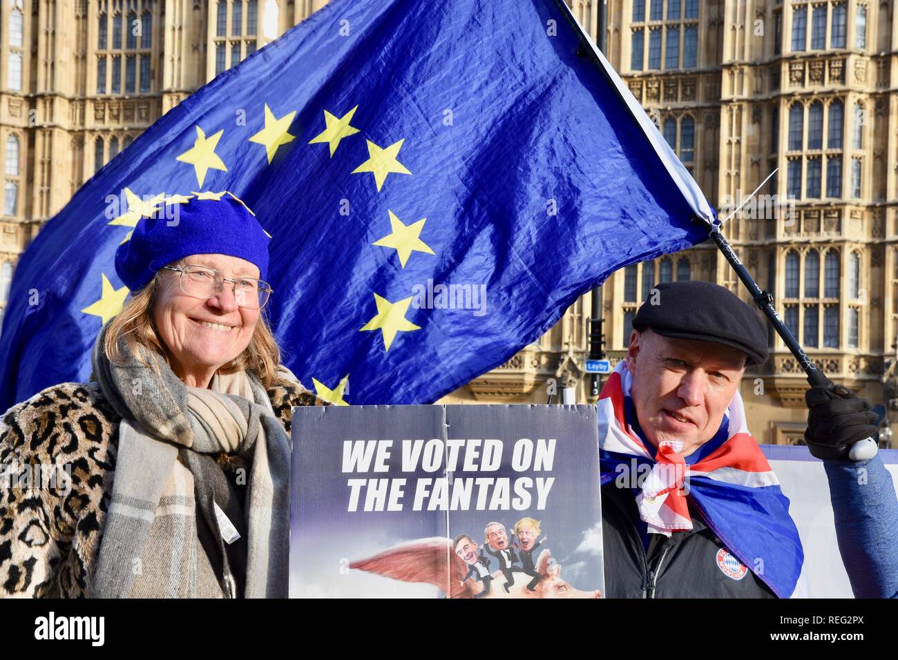 Anti Brexit protesta.Remainers hanno continuato la loro protesta il giorno che Theresa Maggio ha rivelato il suo piano Brexit B.Case del Parlamento,Westminster,London.UK Foto Stock