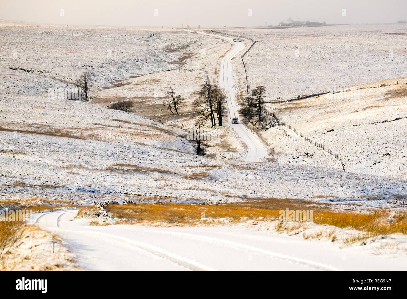 Unico stretta via strada di campagna coperta di neve sulle brughiere del Peak District appena fuori la città di Buxton Foto Stock