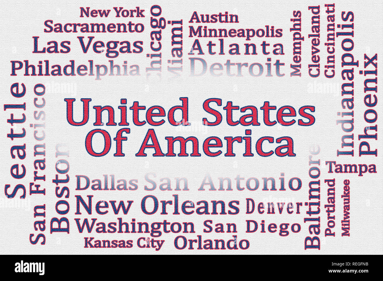 Word cloud Stati Uniti d'America con la sua città con texture di sfondo bianco. 3D'illustrazione. Foto Stock