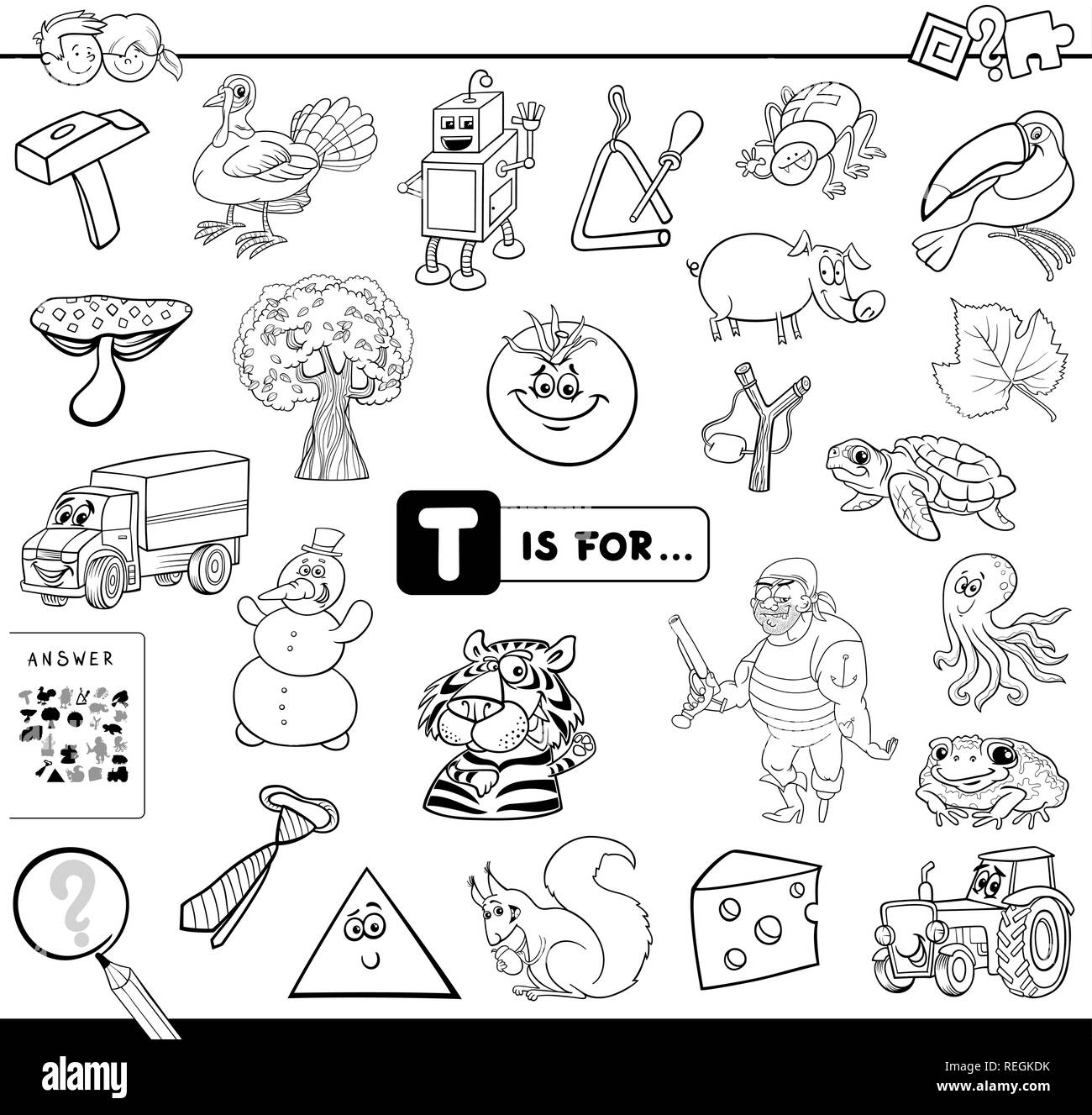 Bianco e Nero Cartoon illustrazione di trovare foto che iniziano con la lettera T Gioco educativo eserciziario per bambini Libro da colorare Illustrazione Vettoriale