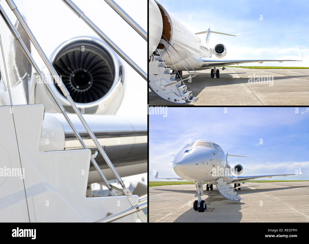 Raccolta di tre foto di fasi con motore Jet in un moderno jet privato aereo. Aeromobile è pronto per l'imbarco Foto Stock