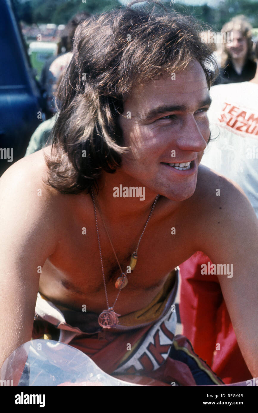 Barry Sheene a Thruxton Race Track 1974 Foto Stock