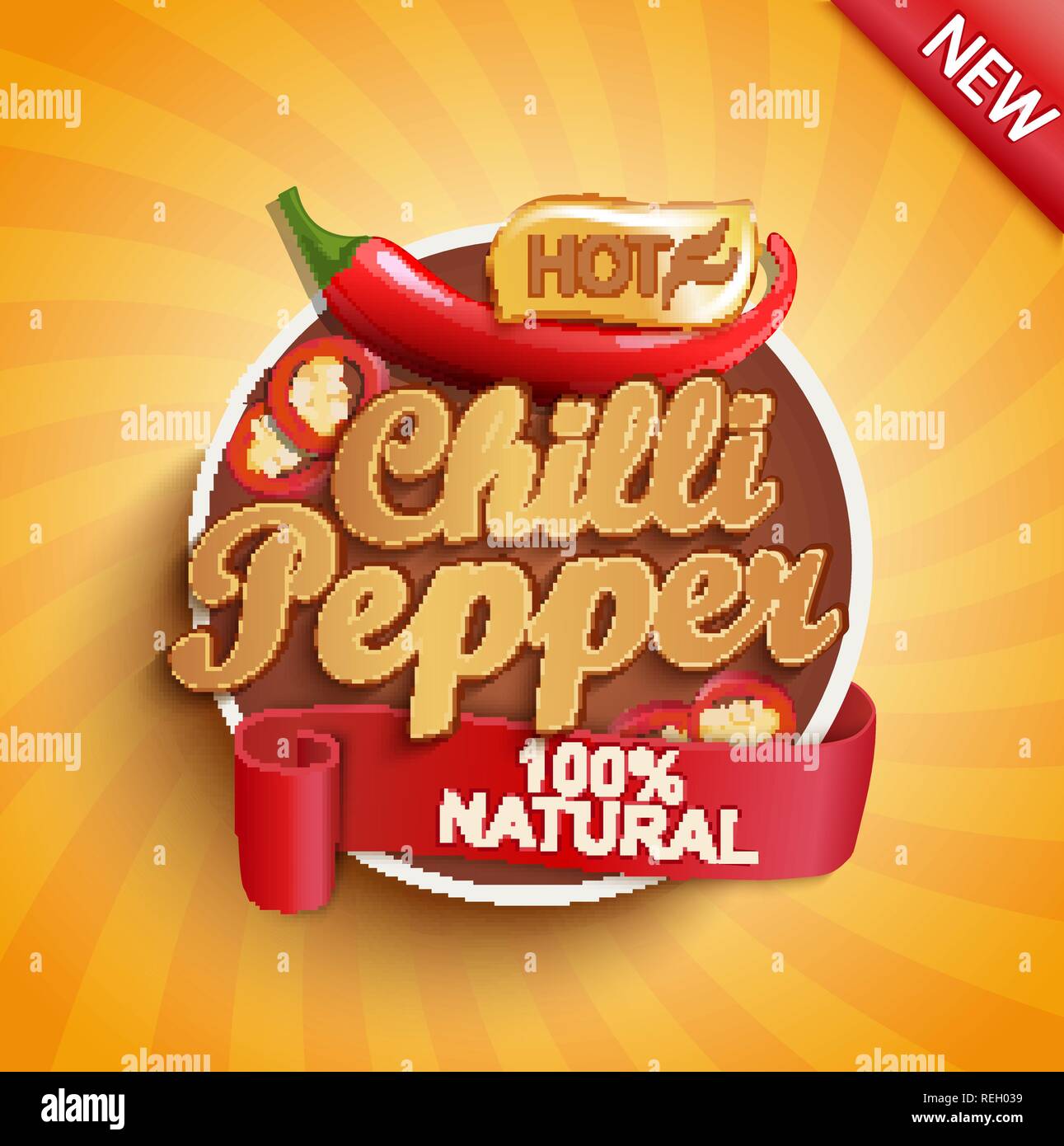 Hot chili pepper logo, etichetta o un adesivo su sfondo a raggiera. Naturale, alimenti biologici.Concetto di gustoso ortaggio per il mercato degli agricoltori,negozi,imballaggio e confezioni, pubblicità design.illustrazione vettoriale. Illustrazione Vettoriale