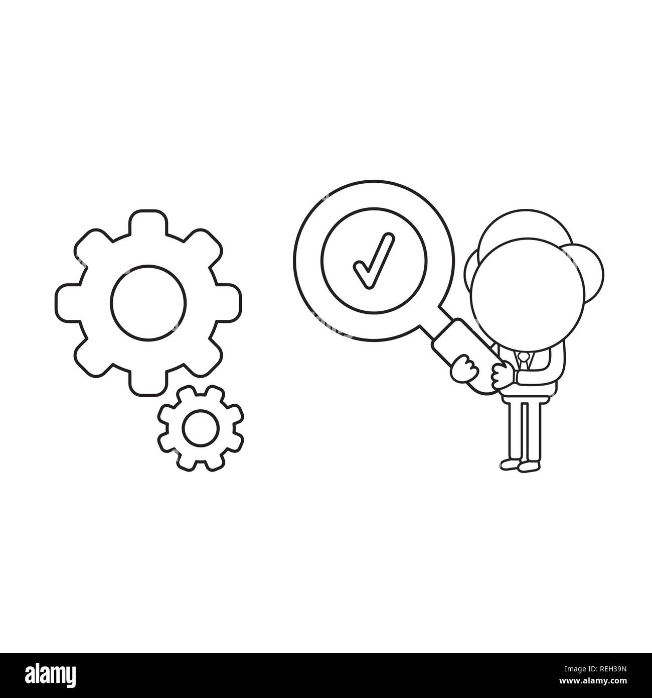 Illustrazione Vettoriale imprenditore azienda carattere lente di ingrandimento con il segno di spunta e cercando di ingranaggi. Contorno nero. Illustrazione Vettoriale