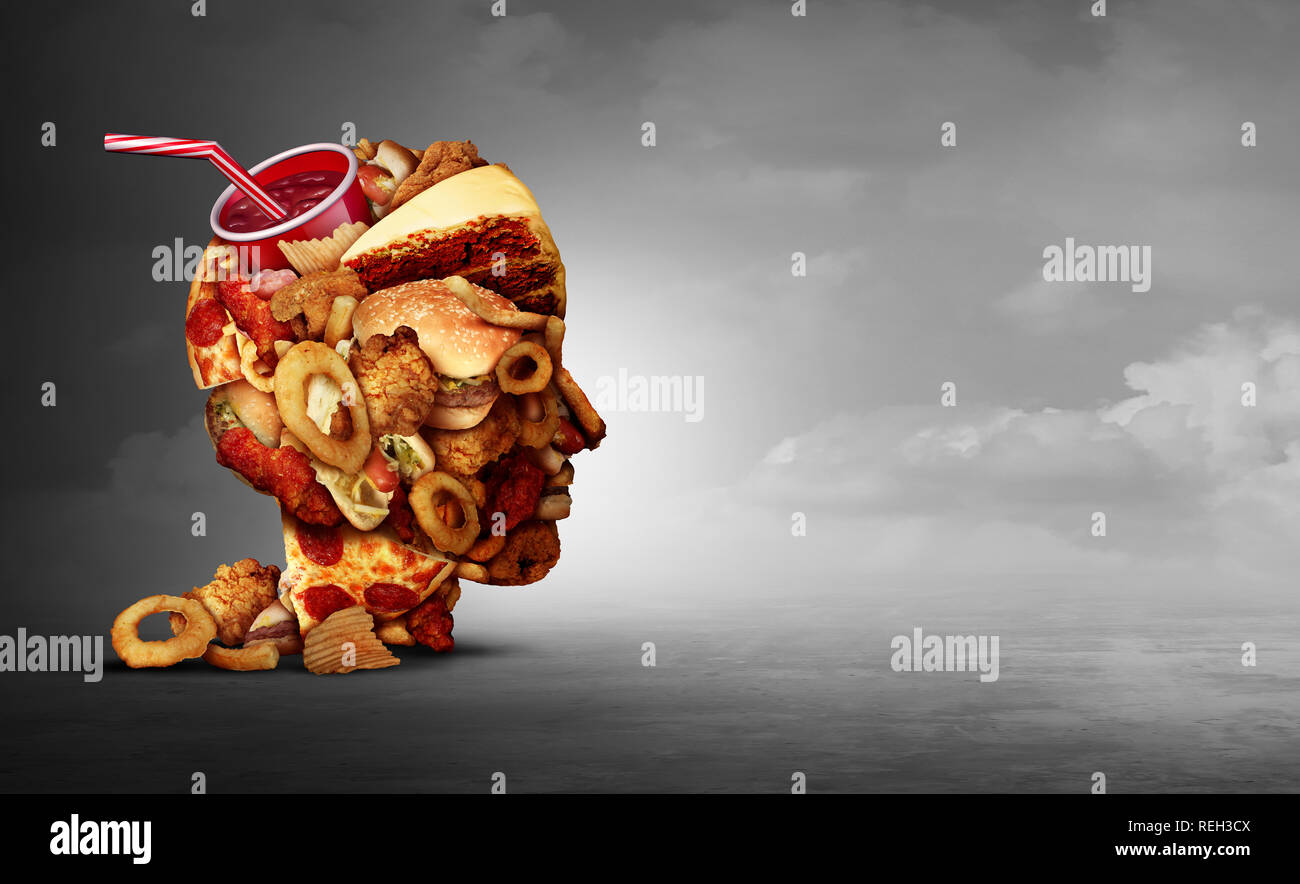 Junk food concept e mangiare spuntini malsana psicologia e fast food dieta psicologia come unto ristorante fritto prendere fuori come un simbolo di surriscaldamenti. Foto Stock