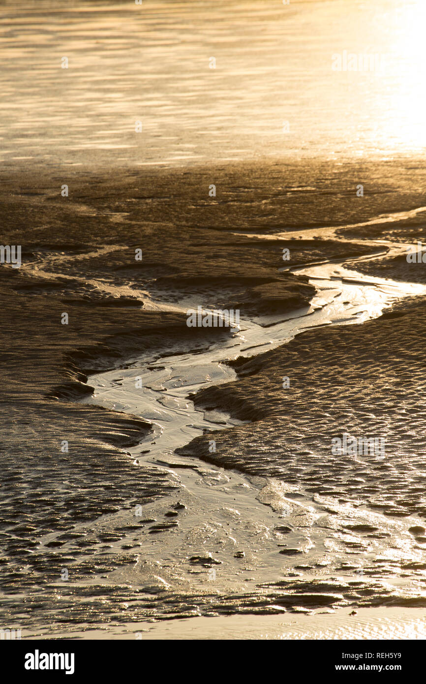 Canali a bassa marea di sera verso il tramonto in estuario di Morecambe Bay. Silverdale, Lancashire North West England Regno Unito GB Foto Stock