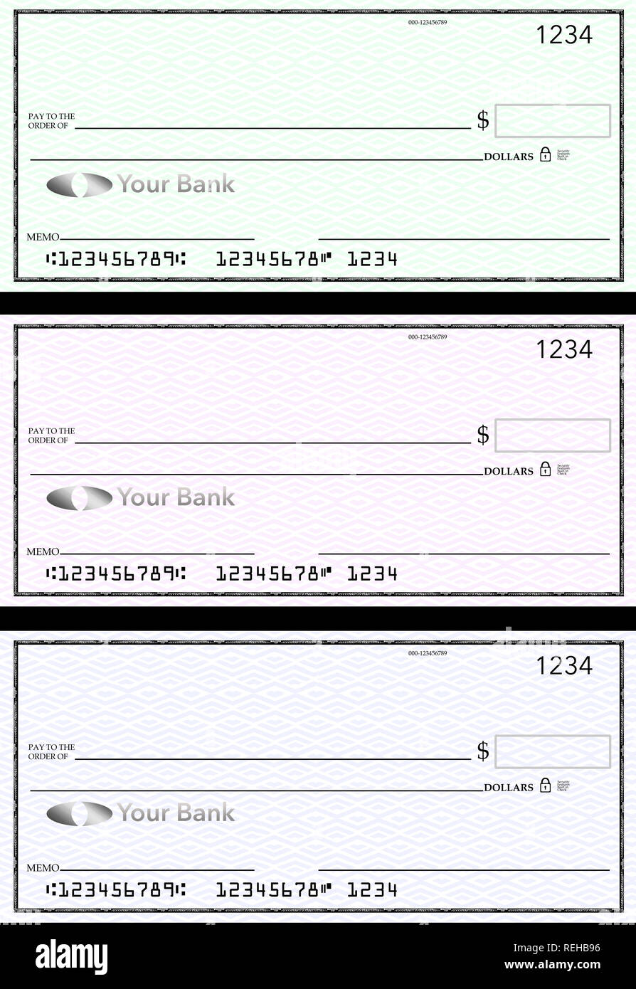 Generico vuoto di assegni bancari, tre di loro in diversi colori sono isolati sullo sfondo. Si tratta di un'illustrazione. Foto Stock