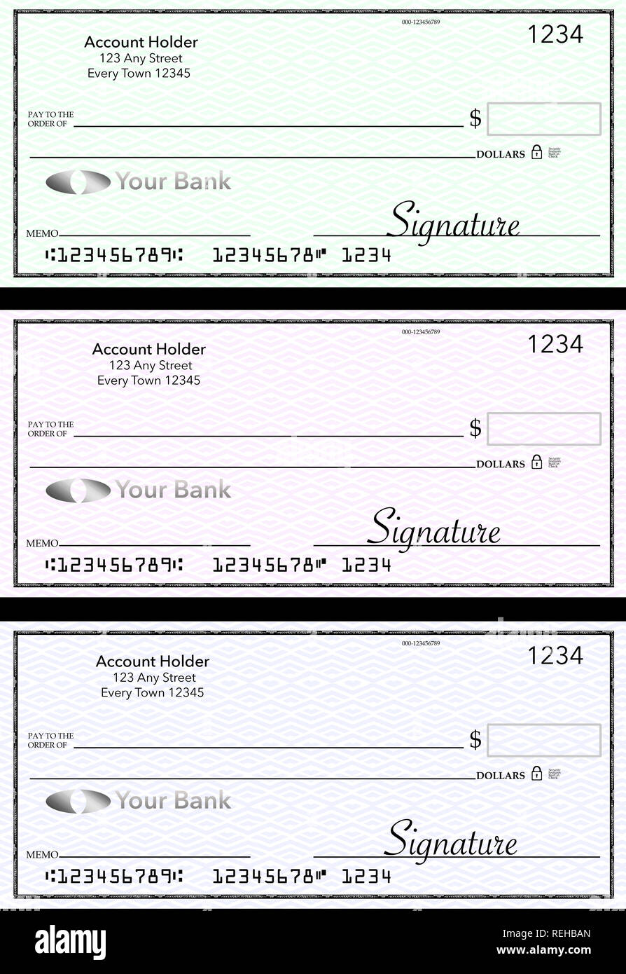 Generico vuoto di assegni bancari, tre di loro in diversi colori sono isolati sullo sfondo. Si tratta di un'illustrazione. Foto Stock