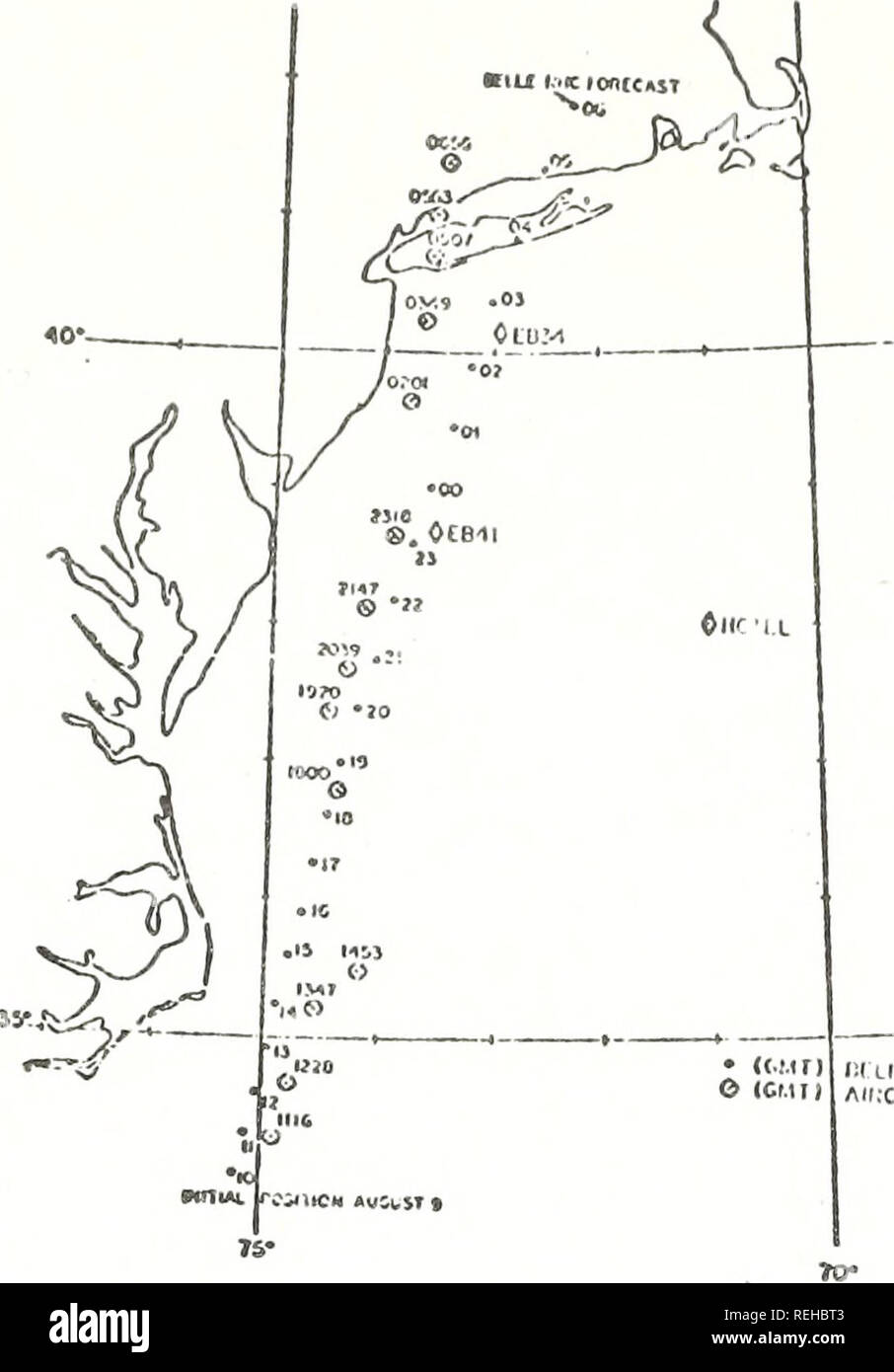 . Raccolte le ristampe / Atlantic oceanografia e laboratori meteorologici [e] Pacifico laboratori oceanografici. Oceanografia periodici.. boa anche misurata la velocità e la direzione del vento su un 8,5 minuti di intervallo una volta all'ora. Il vor- tex espulsore anemometro è montata ad una altezza di 5 metri. Dati da EB 34 sono considerati onu- affidabile come la boa degenerï dal suo posto barca durante la tempesta. La figura 4 confronta le previsioni del modello di velocità media del vento in corrispondenza di un anemometro altezza di 20 metri, la direzione del vento, e la figura 5 il sig- nificant altezza onda, a EB 41 alla boa mea- surement Foto Stock