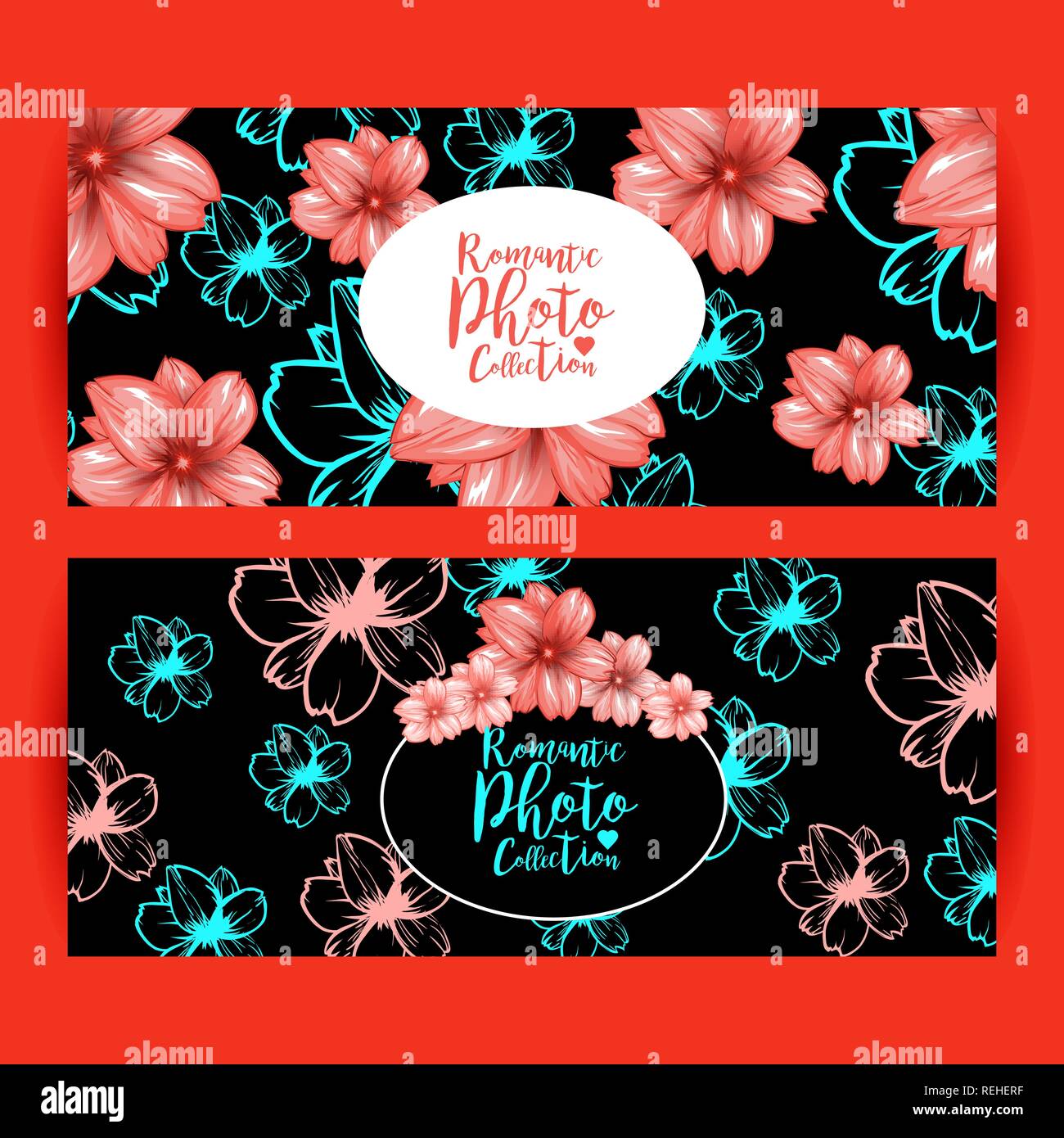 Orizzontale di volantini o brochure design decorativo con cornice ovale e rosa ciliegia fiori pattern. Presentazione del vettore su sfondo rosso Illustrazione Vettoriale