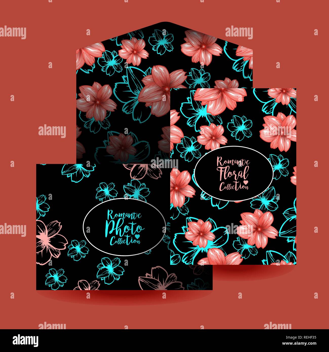 Progettazione di schede e modello di busta o mockup. Brochure design decorativo con cornice ovale e rosa ciliegia fiori pattern. Presentazione del vettore su sfondo rosso Illustrazione Vettoriale