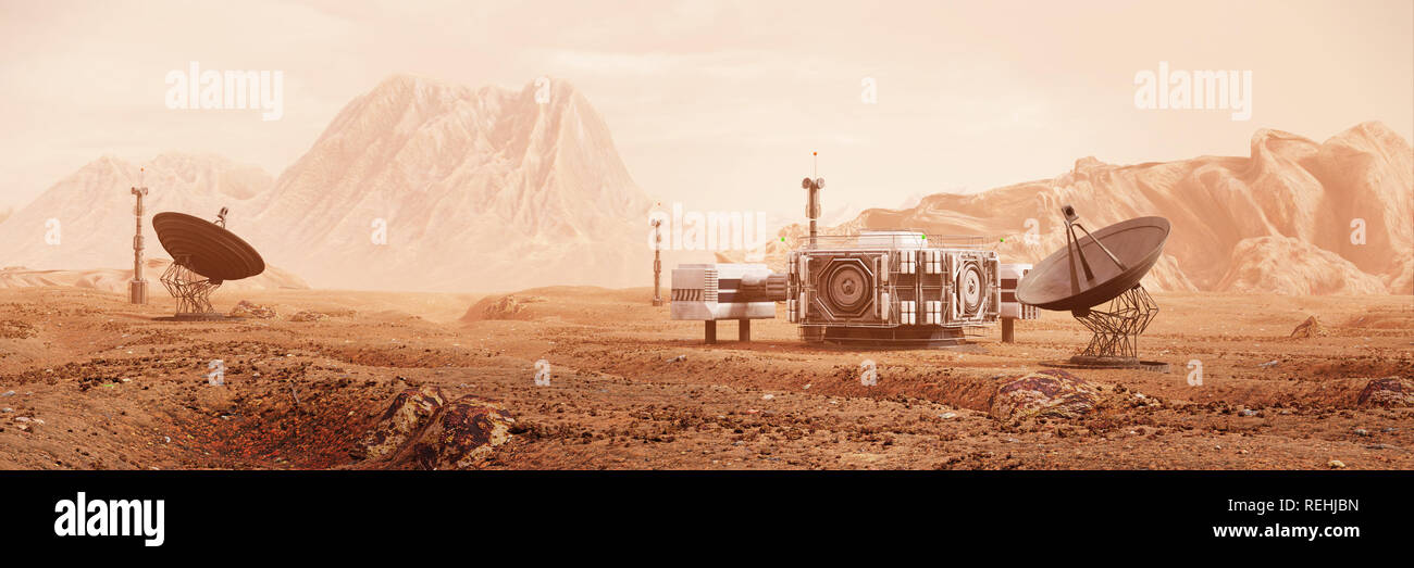 Base su Marte, prima colonizzazione, colonia marziana nel deserto paesaggio sul pianeta rosso (3d'illustrazione dello spazio banner) Foto Stock