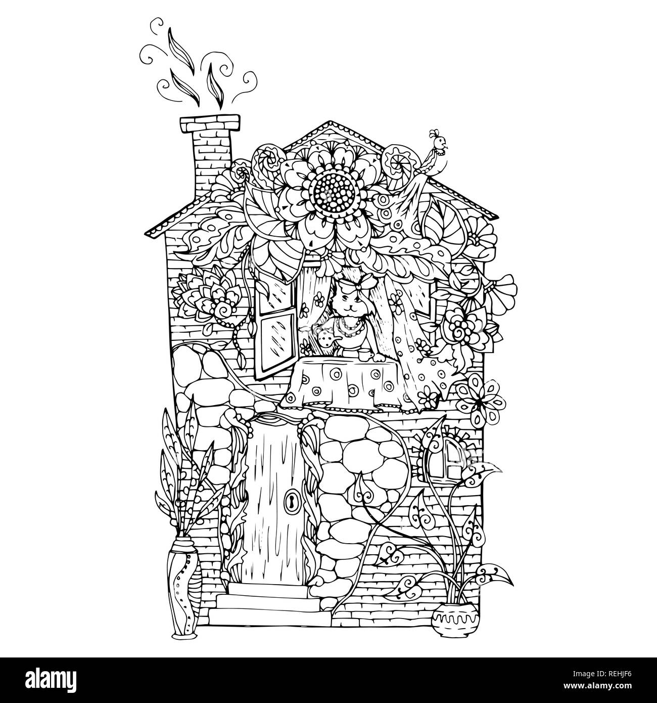 Colorazione per adulti pagina. Mono colore inchiostro nero illustrazione, arte vettoriale. Gatto in casa bere il tè. Illustrazione Vettoriale Illustrazione Vettoriale