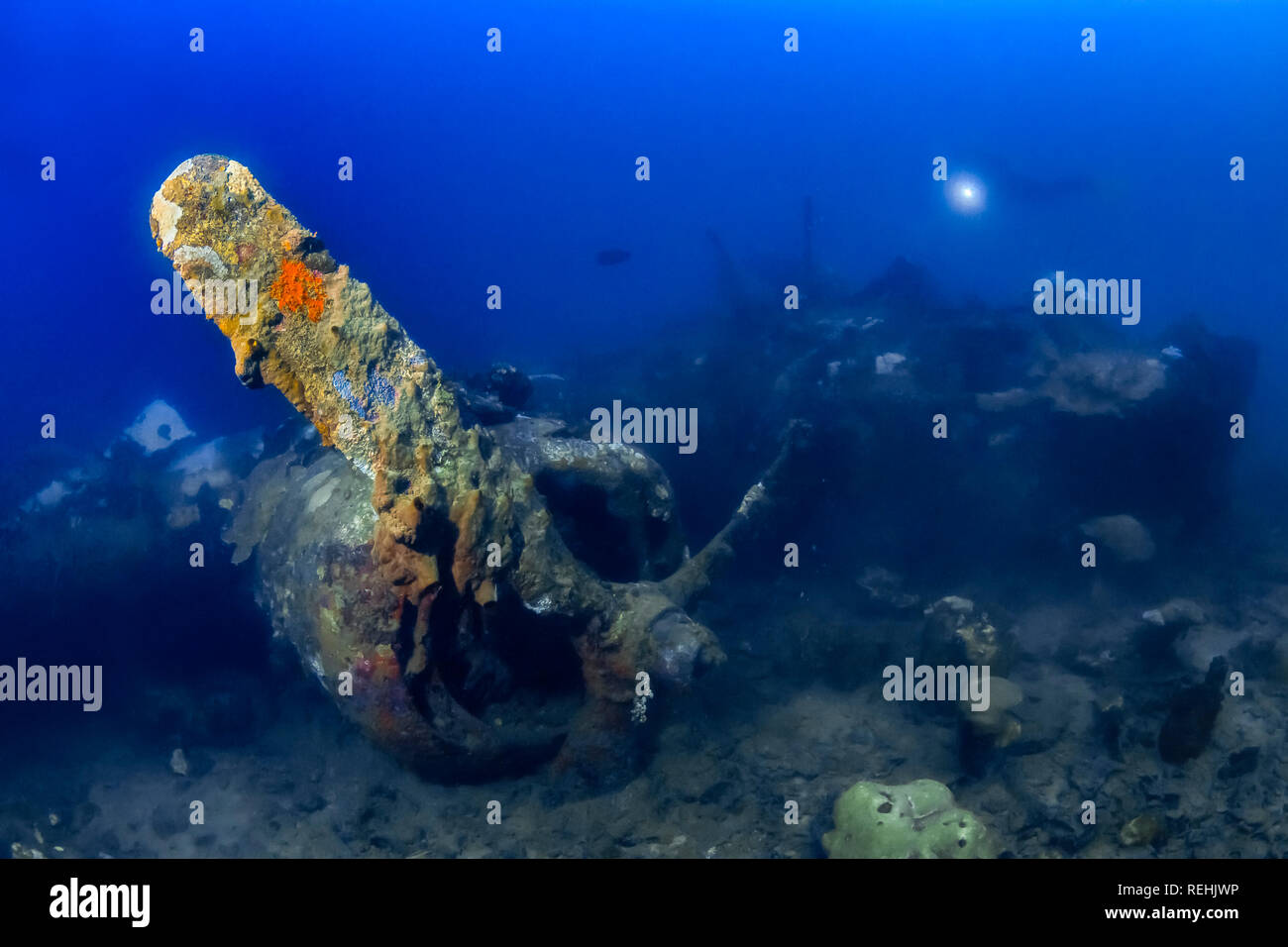B-24 Liberator, relitto aereo, Isole Togean, Sulawesi, Indonesia, il Golfo di Tomini, o sulla baia di Tomini, Oceano Pacifico Foto Stock