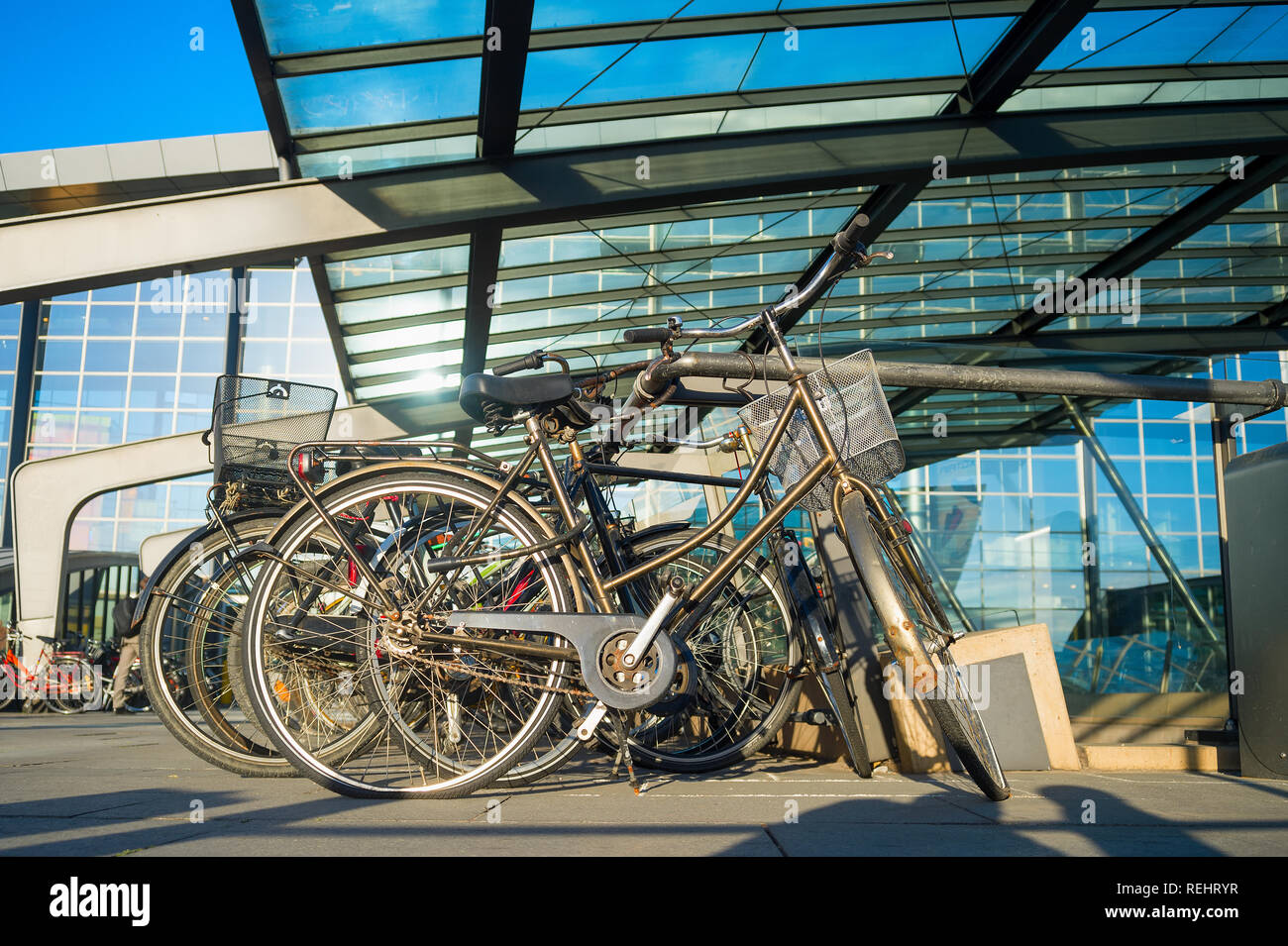 Primo piano delle biciclette in auto dall aeroporto internazionale di Kastrup sotto la tettoia di vetro nella giornata del sole, Copenhagen, Danimarca Foto Stock